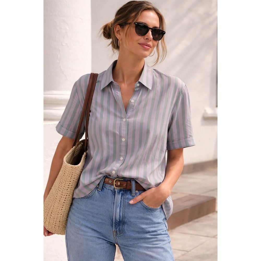 Anthropologie Lavender and Green Striped Short-Sleeve Button-Down Shirt